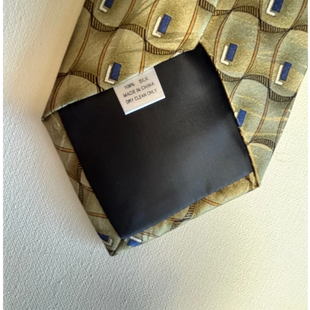 Vintage Marquis Mens Silk Necktie Olive Green Gold Blue Geometric‎ Tie